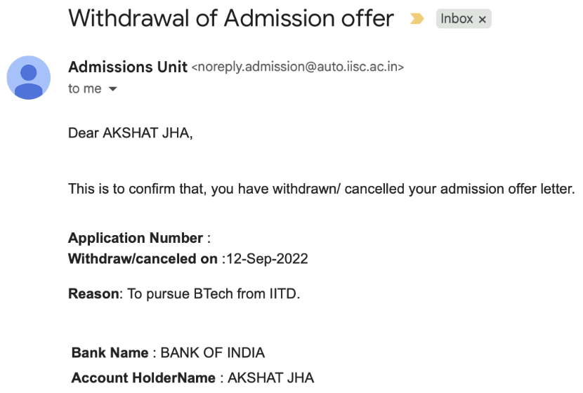 IISc Admission Withdrawal
